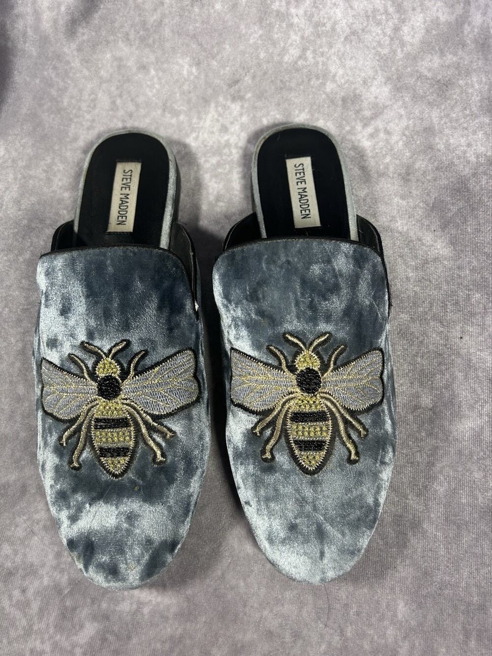 Steve Madden Women’s 11M Blue Velvet Bee Embroidered Backless Mule Loafers
